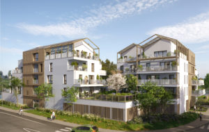 Perspective 3D réaliste d'un programme immobilier résidentiel. On y voit 2 bâtiments à l'architecture moderne, des façades blanches, de toits en pente douce et des éléments en bois qui apportent une touche chaleureuse. De grands balcons et terrasses végétalisés.