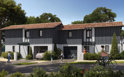 Visualisation 3D de deux logements de la résidence, elle met en avant leur design leur intégration dans le paysage, 2 maisons mitoyennes avec une architecture qui mélange le style traditionnel et moderne. Les toits en tuiles rouges, on peut voir une famille devant leur maison