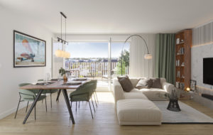 Perspective 3D d'un salon, salla à manger lumineux et moderne. Un espace ouvert, grande baie vitrée donnant sur le balcon. Le salon est aménagé avec un grand canapé d'angle de couleur claire, une table basse en verre et un tapis douillet. Une bibliothèque en bois encastrée et un meuble TV en béton ciré apportent une touche contemporaine.