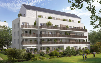 Image 3D représentant un bâtiment résidentiel moderne sur plusieurs étages, une façade blanche et des balcons avec des garde-corps en bois et en métal. L'immeuble est entouré de d'espaces verts aménagés.