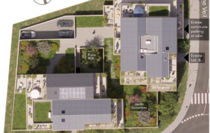 Vue aérienne en 3D d'un programme immobilier, appelée plan masse 3D. Elle représente l'ensemble du projet vu du ciel, avec une boussole indiquant le nord.