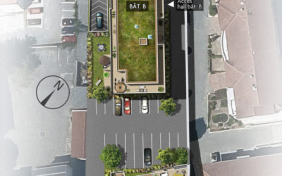 Plan masse 2D d'un projet immobilier, vu du dessus, à la manière d'une vue aérienne. On voit le bâtiment A et Bâtiment B, et leurs environs. Le plan combine un dessin technique pour les structures et un rendu plus réaliste pour les textures (végétations, toits, routes,...)