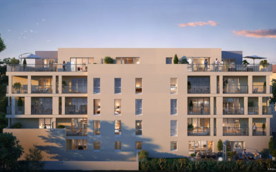 Rendu 3D d'un immeuble résidentiel moderne vu de l'extérieur au crépuscule, plusieurs étages avec balcons et terrasses, entouré de végétation
