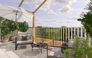 Perspective 3D d'une terrasse d'un appartement lumineuse et accueillante. Un coin salon d'extérieur aménagé avec deux fauteuils confortables, une petite table ronde et un parasol blanc.