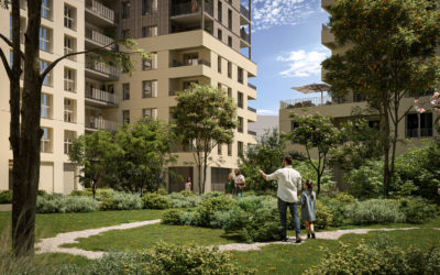 Un jardin paysager au centre d'un îlot résidentiel moderne, on y voit de grands immeubles d'habitation. l'atmosphère est lumineuse et met en valeur la nature dans un cadre urbain.
