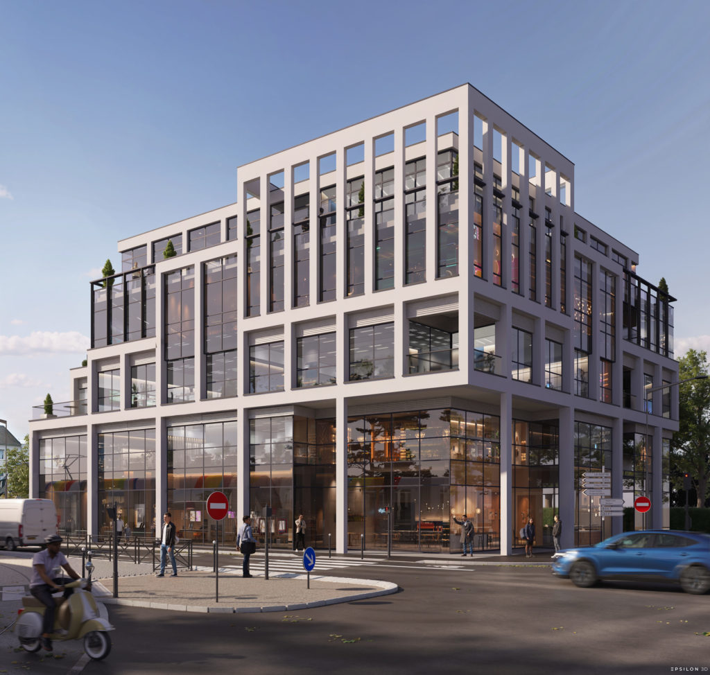 Un immeuble moderne à usage mixte bureaux et commercial dans un environnement urbain au niveau d'un carrefour. Le style architecturale avec de grandes surfaces vitrées.