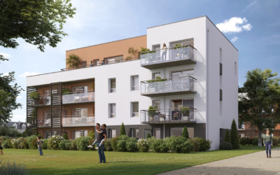 Perspective extérieure 3D d'une résidence immobilière moderne. Elle présente un bâtiment de plusieurs étages, avec une architecture contemporaine caractérisée par des façades principalement blanches et un pan supérieur d'une couleur terre cuite ou ocre clair.