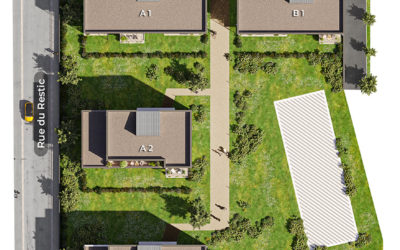 Visualisations 3D montrent un projet immobilier résidentiel moderne. La perspective extérieure illustre l'intégration harmonieuse du bâtiment blanc et ocre dans un parc verdoyant et animé. L'intérieur révèle un salon lumineux et chaleureux, ouvert sur un jardin privatif. Enfin, le plan-masse aérien positionne les différents bâtiments (A1 à A3 et B1) et les aménagements (voirie, parkings, espaces verts) dans leur environnement urbain.