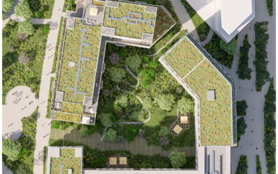 C'est un rendu 3D architectural présentant un complexe immobilier moderne