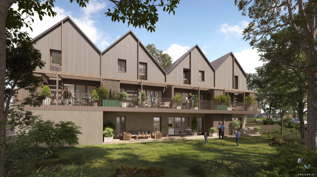 Un rendu 3D réaliste d'un ensemble résidentiel moderne. Le bâtiement présente une architecture contemporaine avec des toits en pente très prononcée et un revêtement de façade en bardage bois vertical de couleur claire ou naturelle sur les étages supérieurs.