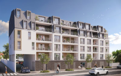 Une vue perspective extérieure d'un immeuble d'habitation moderne, bâtiment a plusieurs étages, la façade est caractérise par un mélange de matériaux et de couleurs, de larges balcons avec des garde-corps métalliques blancs, un porche ouvert