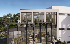 Un rendu architectural 3D qui met en valeur l'aménagement des terrasses et des espaces verts de détente de l'immeuble. Elle illustre les espaces de travail extérieurs et collaboratifs du projet.