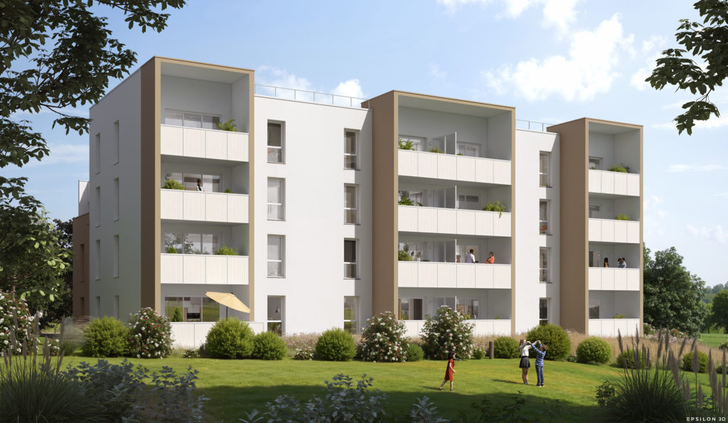 C'est une perspective 3D d'un programme immobilier neuf représentant un immeuble résidentiel moderne de trois étages dans un environnement verdoyant. Chaque appartement dispose d'un balcon spacieux avec des garde-corps blancs à lattes.