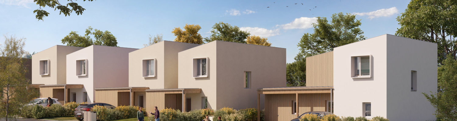 Vue extérieure et piétonne d'un ensemble de maisons contemporaines de deux étages, avec des façades blanches et beige clair, et des éléments en bois.