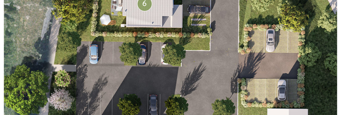 Rendus 3D de haute qualité destinés à la commercialisation d'un programme immobilier résidentiel neuf. Aménagement extérieur du lotissement avec vue jardin privé et intérieur lumineux, intégration paysagère avec la présence de végétation