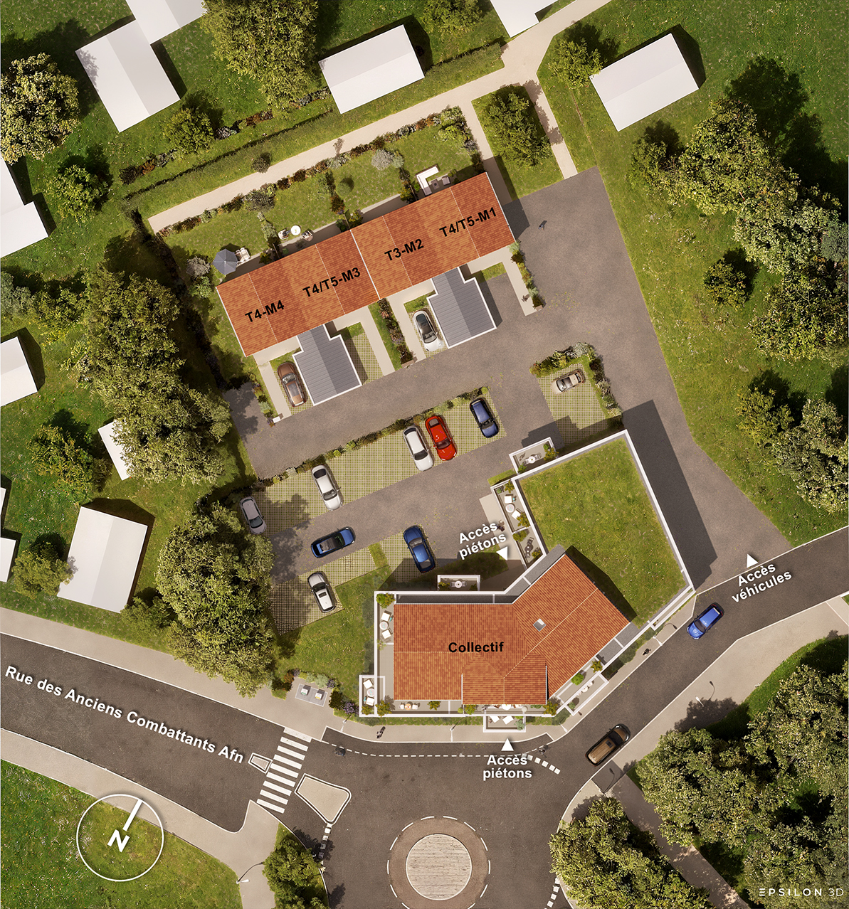 Ensemble d'images 3D représentant un plan masse, vue plongeante en 3D détaillant l'implantation harmonieuse du projet et 3 perspectives extérieures vue sur le projet immobilier, architecture contemporaine du bâtiment collectif, souligné par un soubassement en bois et des volets bleus élégants. Des larges balcons végétalisés et les terrasses en attique illustrent un cadre de vie tourné vers l'extérieur.