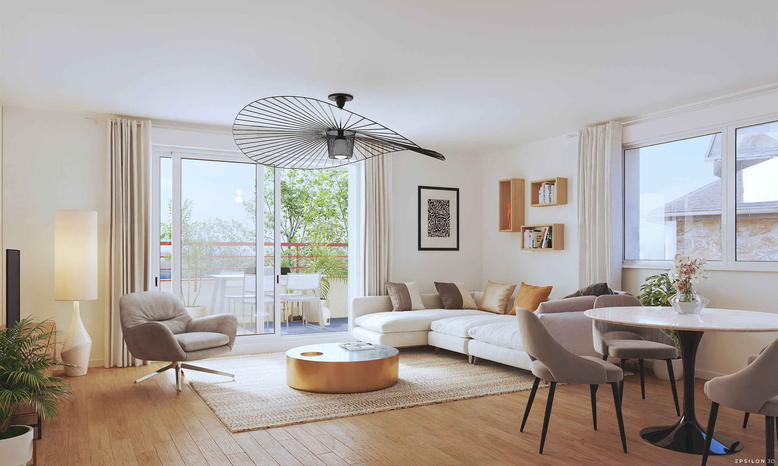 Cette modélisation 3D d'intérieur dévoile un espace de vie spacieux et baigné de lumière, illustrant parfaitement le potentiel de confort d'un appartement moderne. La perspective extérieure présente une résidence collective à l'esthétique contemporaine, caractérisée par un jeu de volumes entre façades claires et parements terracotta. La visualisation souligne l'importance des espaces extérieurs avec de larges balcons filants et des terrasses en attique, parfaitement intégrés dans un environnement paysager soigné.