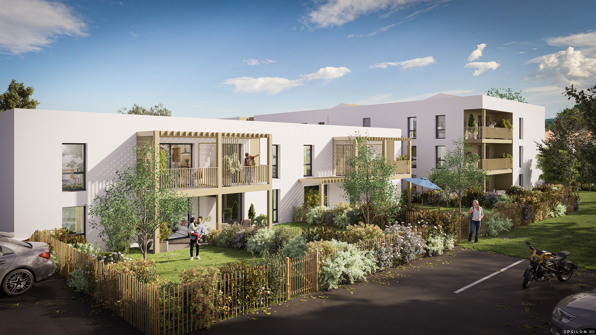 Cette visualisation 3D valorise les espaces verts privatifs et la qualité de vie en rez-de-jardin. L'accent est mis sur l'intimité offerte par les clôtures bois et les haies paysagères, ainsi que sur le prolongement des espaces de vie vers l'extérieur grâce aux terrasses couvertes. C'est un outil de communication essentiel pour démontrer la promesse de confort et de sérénité de la résidence.