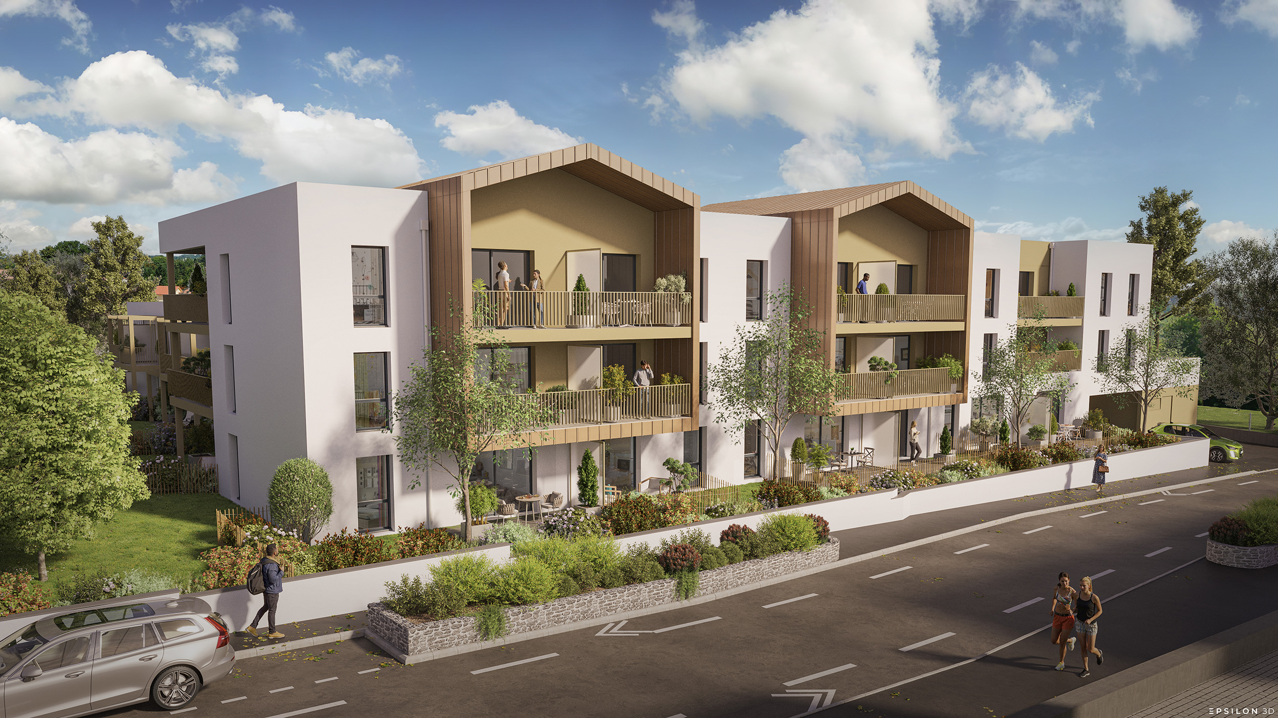 Ce rendu met en lumière l'architecture bioclimatique et chaleureuse du projet avec ses structures en bois et ses toitures à doubles pentes. L'image souligne la convivialité du programme grâce à une mise en scène vivante des balcons et des abords (personnages, végétation, circulations douces).