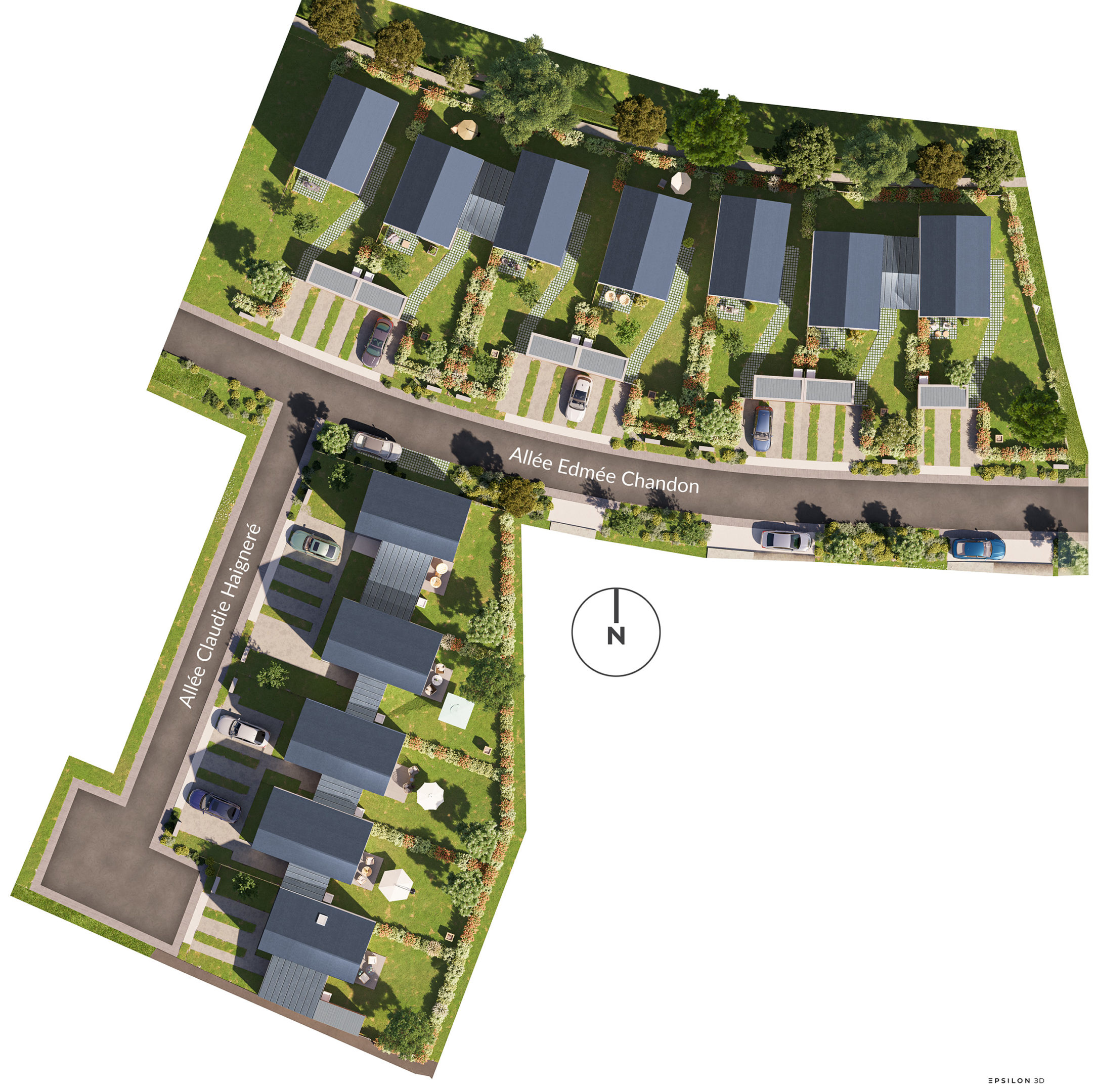Programme Immobilier mettant en avant une architecture contemporaine et chaleureuse, caractérisée par l'alternance de façades claires et de bardages bois naturels. Le plan masse souligne une organisation spatiale soignée, où chaque maison dispose d'un jardin privatif arboré.