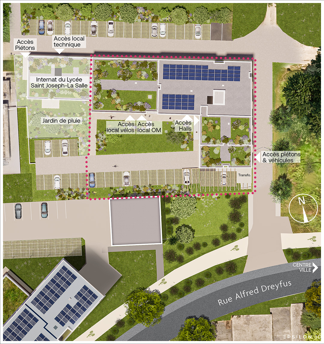 On distingue clairement les espaces de vie : la salle de fitness, l'espace de co-working lumineux, la laverie, et la salle de vie commune avec son baby-foot et ses grands canapés. Le plan masse est essentielle pour situer le projet dans son environnement urbain. Le bâtiment est entouré de zones de stationnement organisées et de voies de circulation douce. Les toitures sont végétalisées. Présence d'un jardin de pluie souligne une gestion responsable des eux pluviales, les différents points d'accès sont clairement identifiés. Le bâtiment présente une façade moderne et sobre.