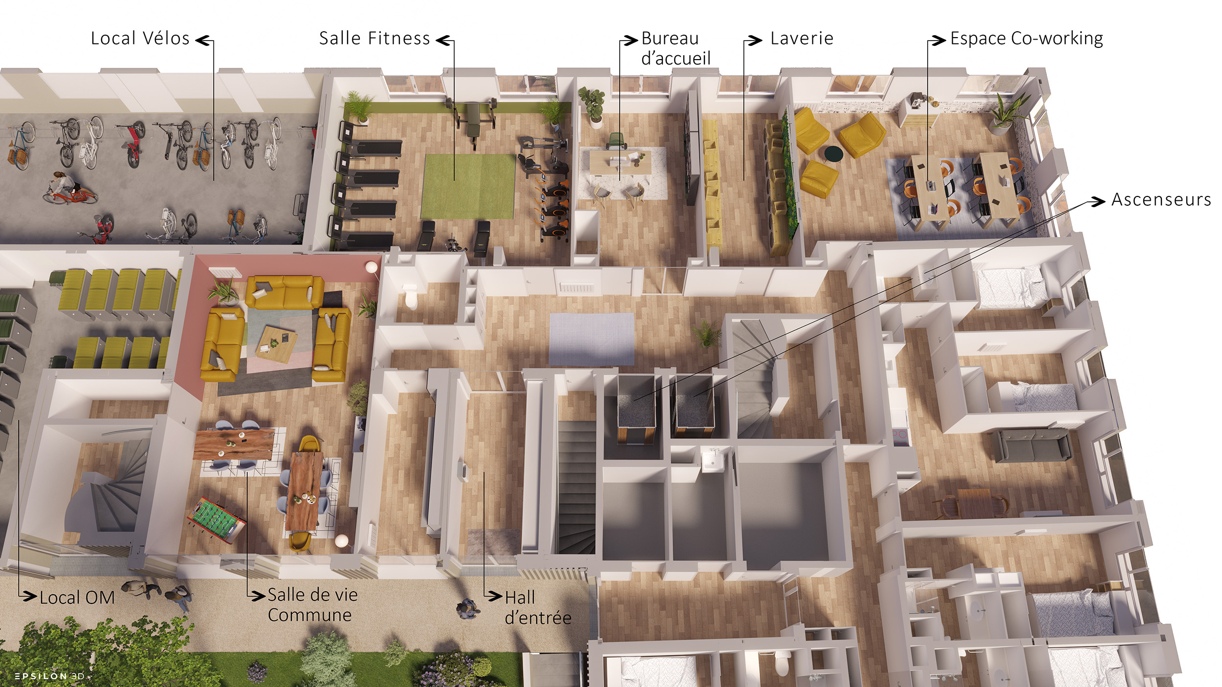 On distingue clairement les espaces de vie : la salle de fitness, l'espace de co-working lumineux, la laverie, et la salle de vie commune avec son baby-foot et ses grands canapés. Le plan masse est essentielle pour situer le projet dans son environnement urbain. Le bâtiment est entouré de zones de stationnement organisées et de voies de circulation douce. Les toitures sont végétalisées. Présence d'un jardin de pluie souligne une gestion responsable des eux pluviales, les différents points d'accès sont clairement identifiés. Le bâtiment présente une façade moderne et sobre.