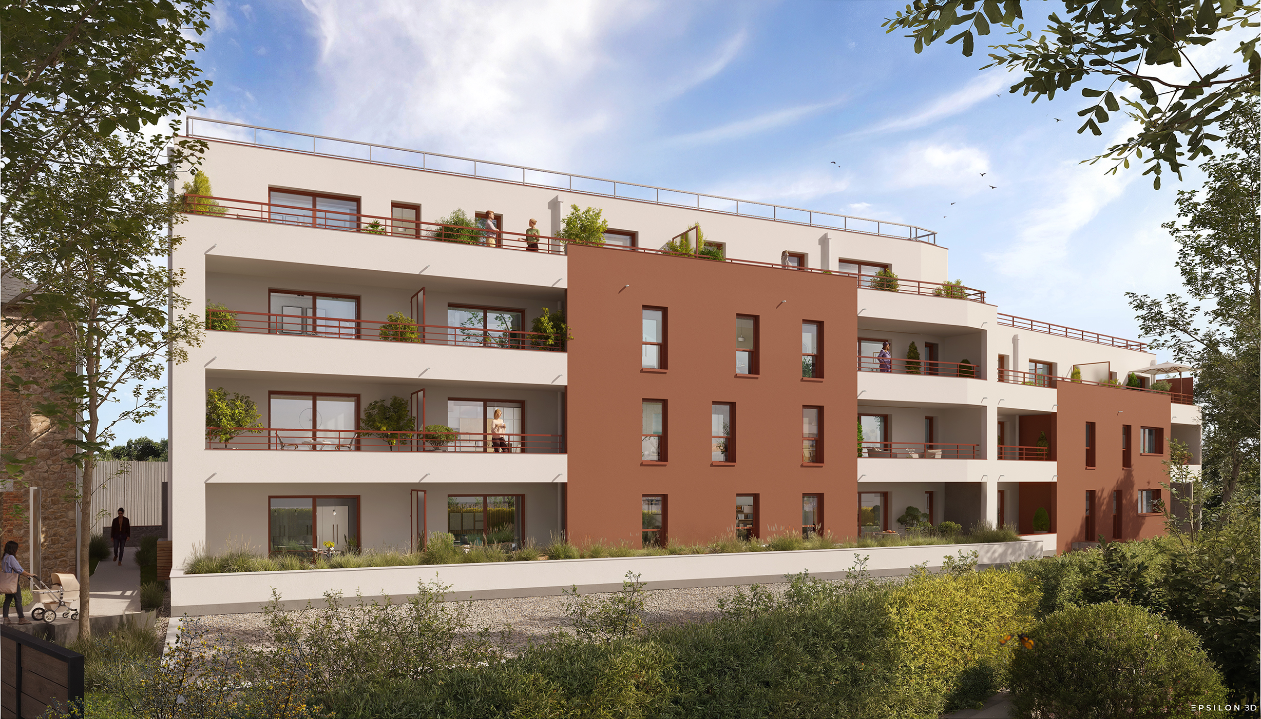Cette insertion architecturale 3D présente une résidence collective à l’esthétique contemporaine, caractérisée par un jeu de volumes entre façades claires et parements terracotta. La visualisation souligne l'importance des espaces extérieurs avec de larges balcons filants et des terrasses en attique, parfaitement intégrés dans un environnement paysager soigné.
