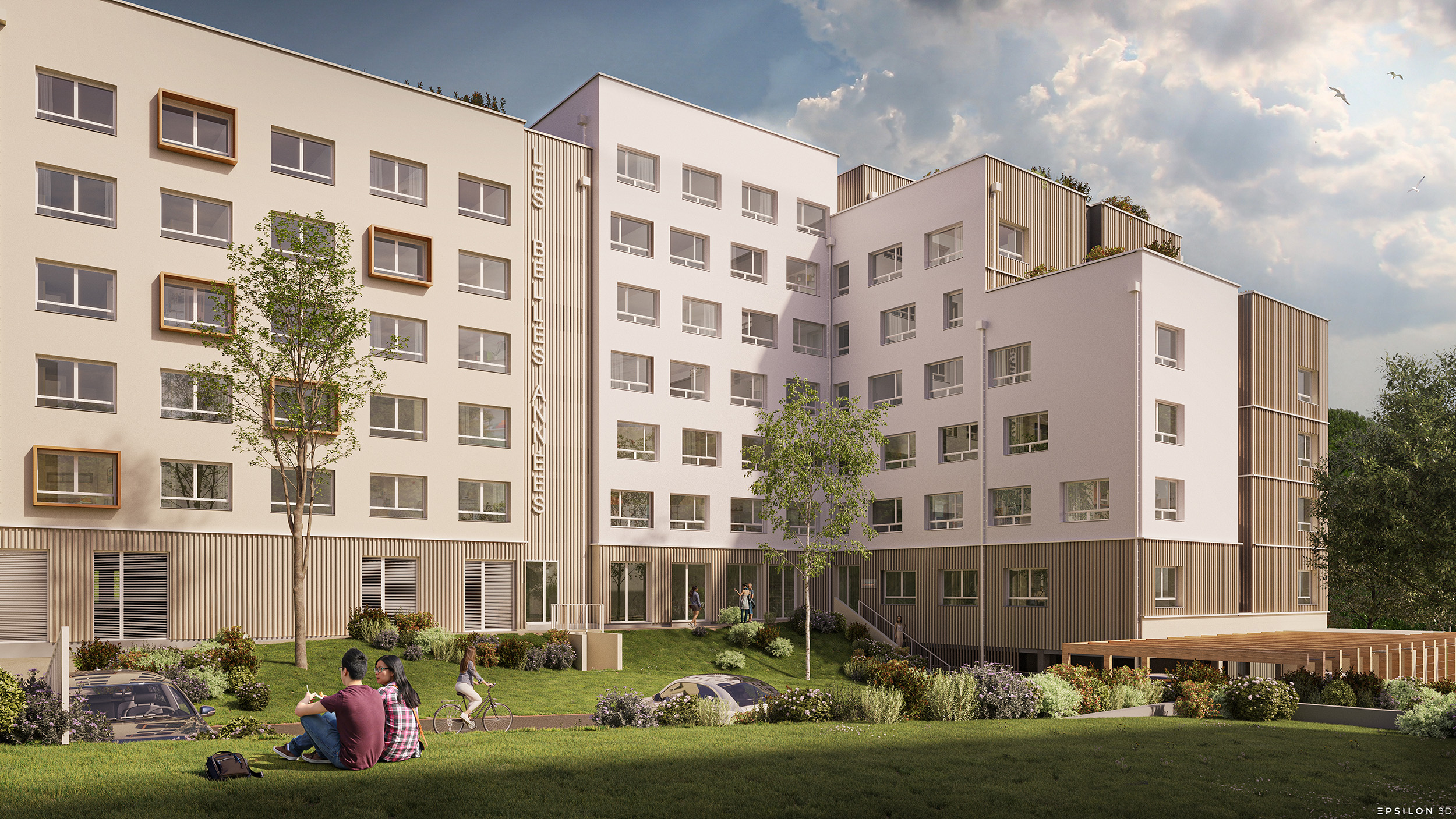 On distingue clairement les espaces de vie : la salle de fitness, l'espace de co-working lumineux, la laverie, et la salle de vie commune avec son baby-foot et ses grands canapés. Le plan masse est essentielle pour situer le projet dans son environnement urbain. Le bâtiment est entouré de zones de stationnement organisées et de voies de circulation douce. Les toitures sont végétalisées. Présence d'un jardin de pluie souligne une gestion responsable des eux pluviales, les différents points d'accès sont clairement identifiés. Le bâtiment présente une façade moderne et sobre.