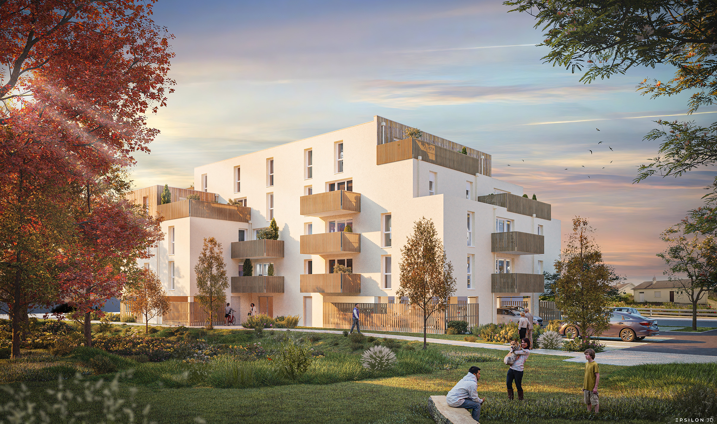 Ces quatre perspectives 3D présentent un projet immobilier résidentiel moderne et chaleureux, s’insérant harmonieusement dans un environnement verdoyant aux couleurs automnales. Les vues extérieures mettent en avant une architecture contemporaine aux façades blanches rythmées par des balcons en bois et des attiques revêtus de bardage naturel, créant un jeu de volumes élégant sous des ciels changeants. L'accent est mis sur la qualité de vie avec une vaste terrasse aménagée comme un véritable salon de plein air, ainsi qu'un intérieur lumineux et spacieux. Le séjour, décoré avec soin dans des tons naturels et solaires, souligne la fluidité entre l'espace de vie et l'extérieur grâce à de larges baies vitrées, offrant une atmosphère sereine et conviviale.