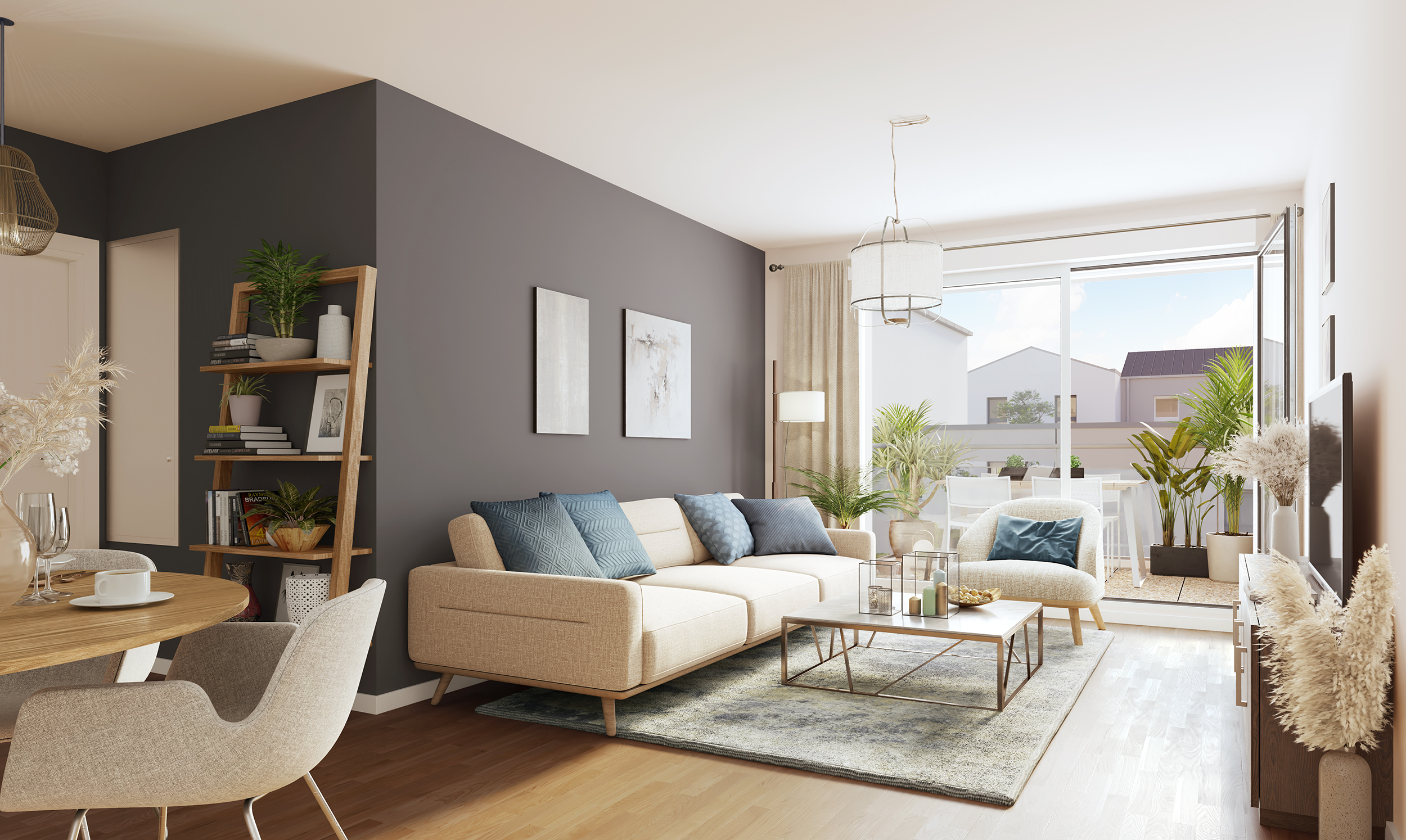 Cette image dévoie un intérieur contemporain à la décoration soignée, où les pièces de vie spacieuses s'ouvrent sur l'extérieur grâce à de grandes baies vitrées, privilégiant la lumière naturelle et des matériaux chaleureux comme le bois.