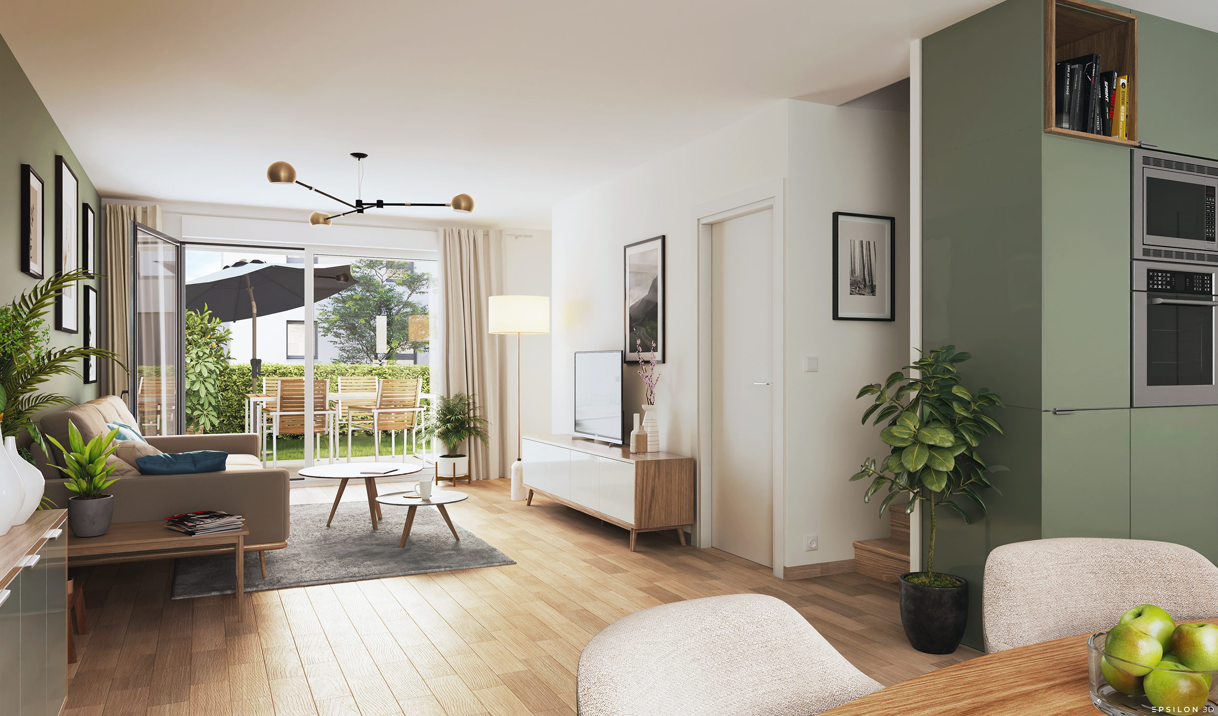 Cette image dévoie un intérieur contemporain à la décoration soignée, où les pièces de vie spacieuses s'ouvrent sur l'extérieur grâce à de grandes baies vitrées, privilégiant la lumière naturelle et des matériaux chaleureux comme le bois.