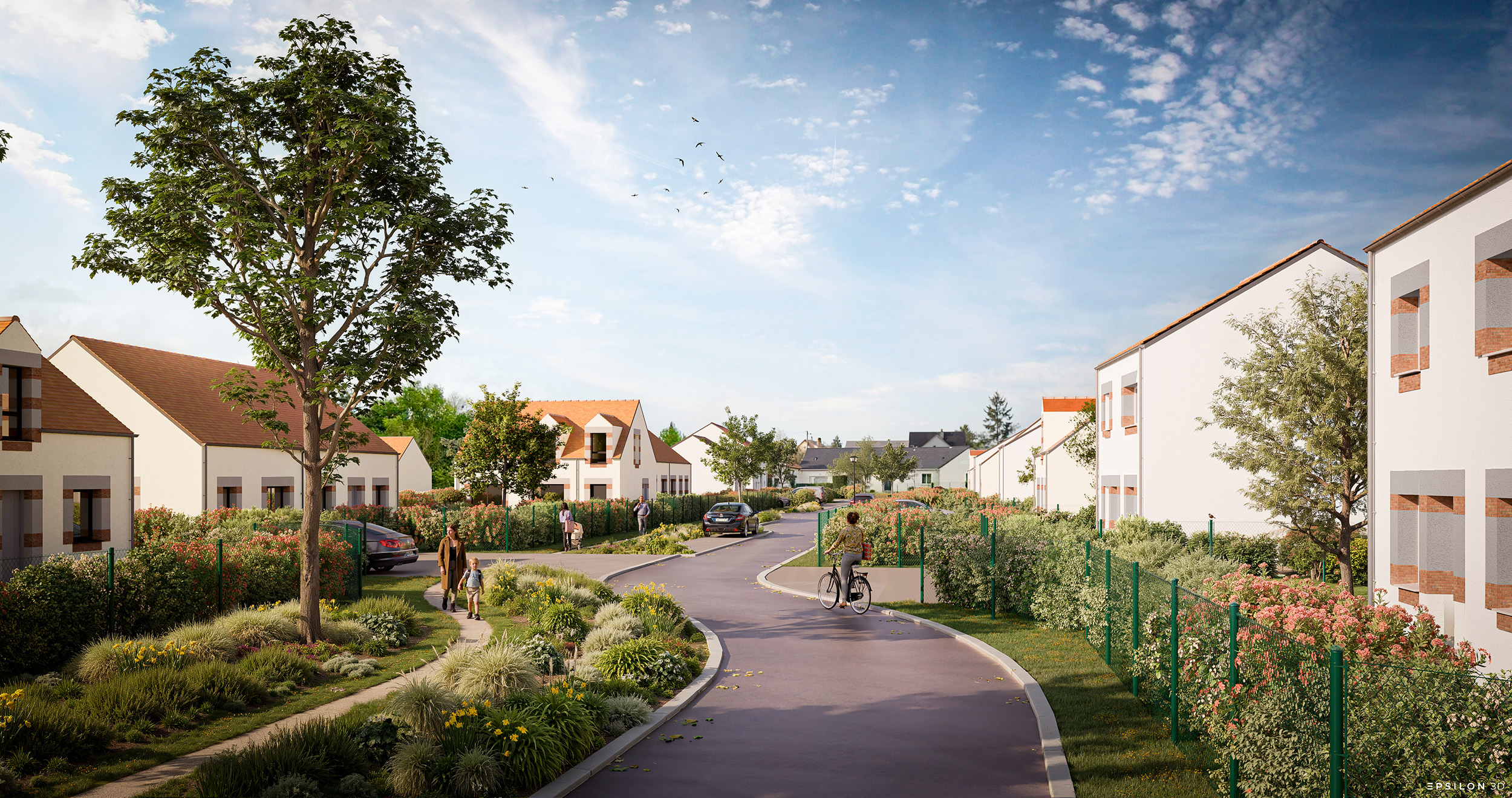 On y découvre une voie de circulation partagée aux courbes douces, bordée de maisons blanches aux toitures traditionnelles et de jardins fleuris protégés par des grillages. L'accent est mis sur la végétalisation et la mobilité douce, avec la présence de piétons, d'un cycliste et de larges massifs plantés qui créent une atmosphère résidentielle paisible et accueillante.