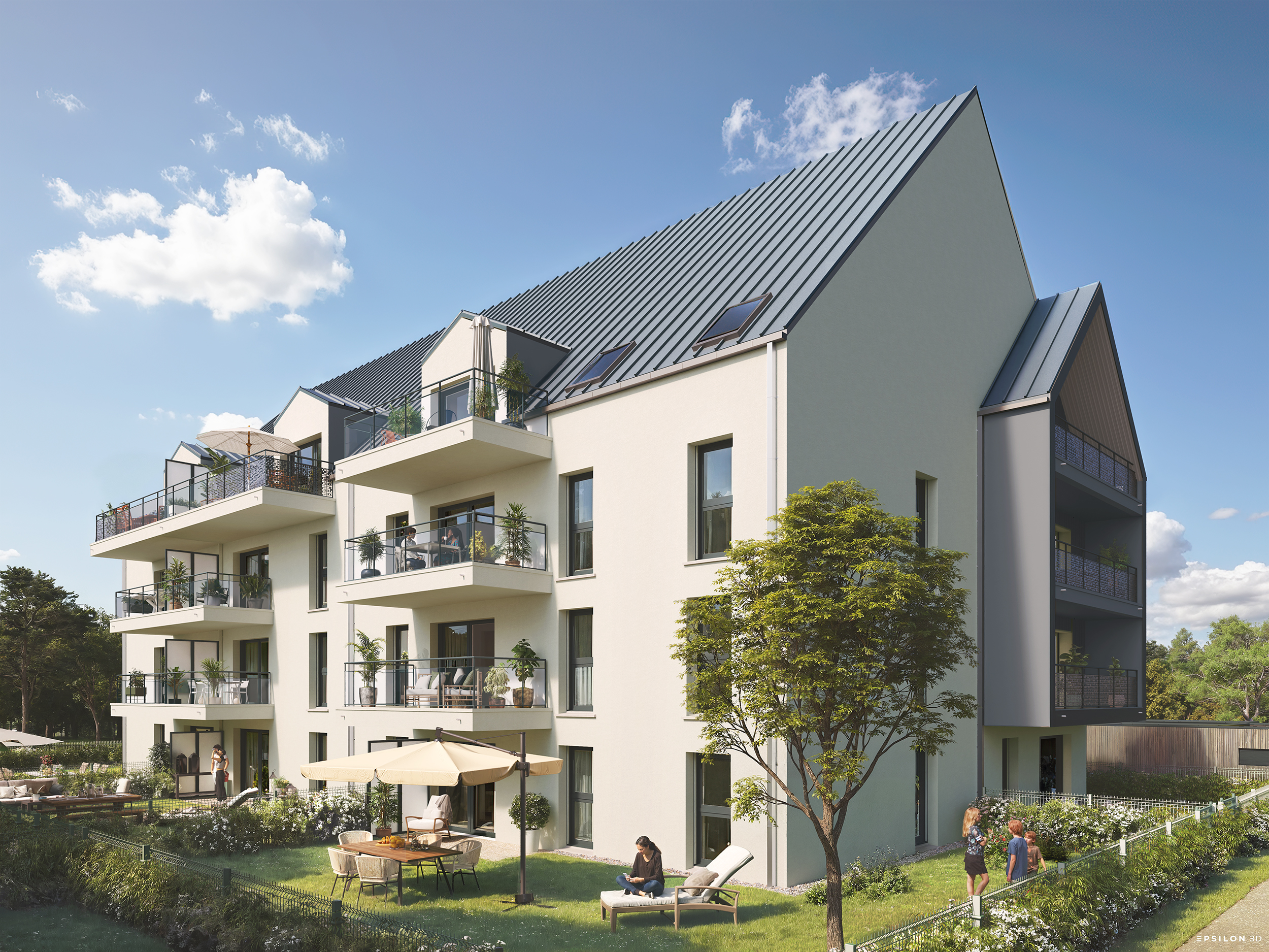 C'est un projet immobilier moderne et lumineux, mettant en avant un cadre de vie paisible et verdoyant. On y aperçoit des jardins privatifs.