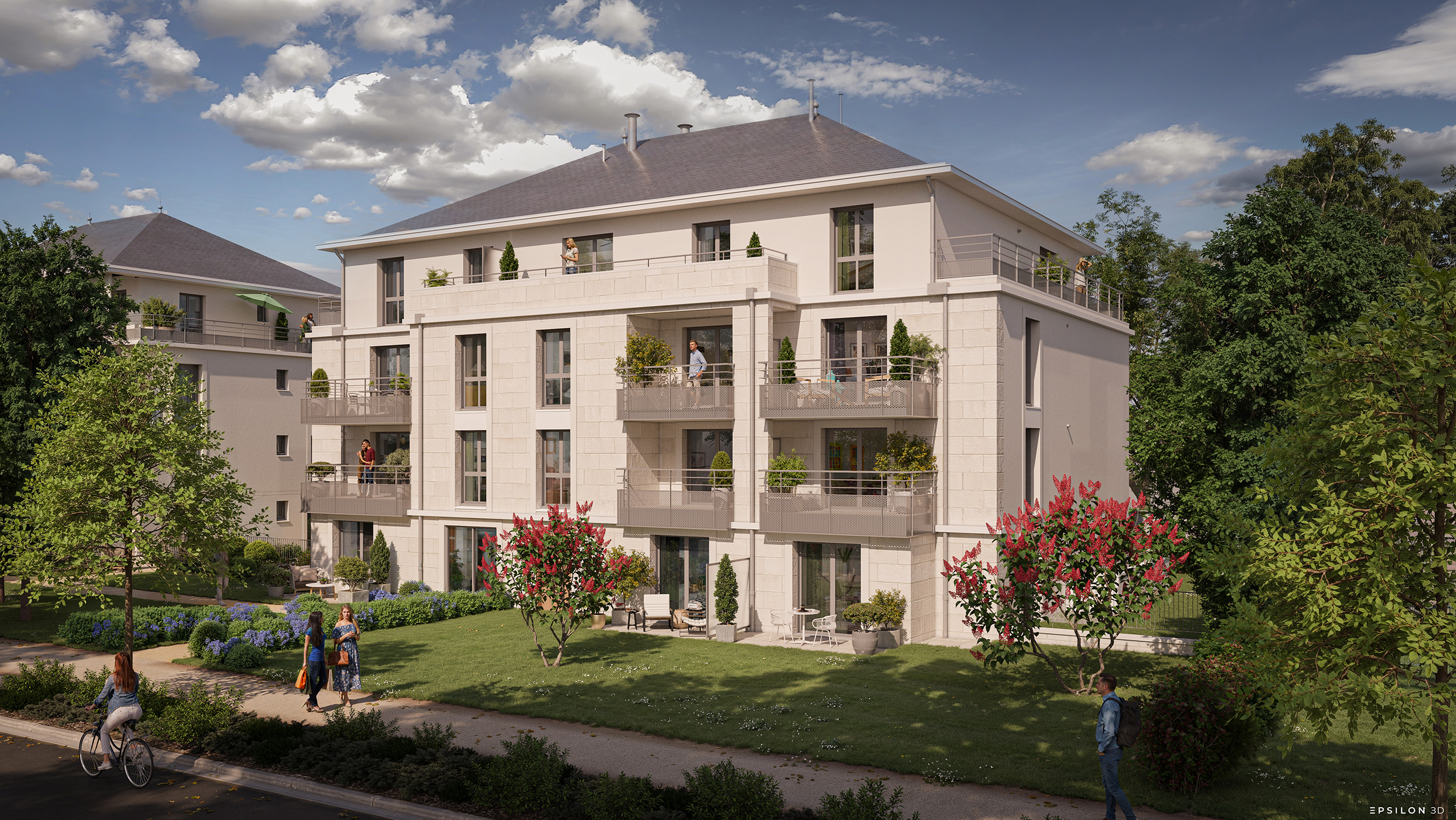 La perspective révèle une résidence intimiste aux façades claires en pierre, où chaque appartement bénéficie d'un espace extérieur privatif — balcon filant, terrasse plein ciel ou jardin en rez-de-chaussée. Pensé pour le confort des résidents, ce projet intègre des cheminements piétons arborés et des places de stationnement sécurisées, offrant un cadre de vie qualitatif et serein au cœur d'un environnement dynamique.