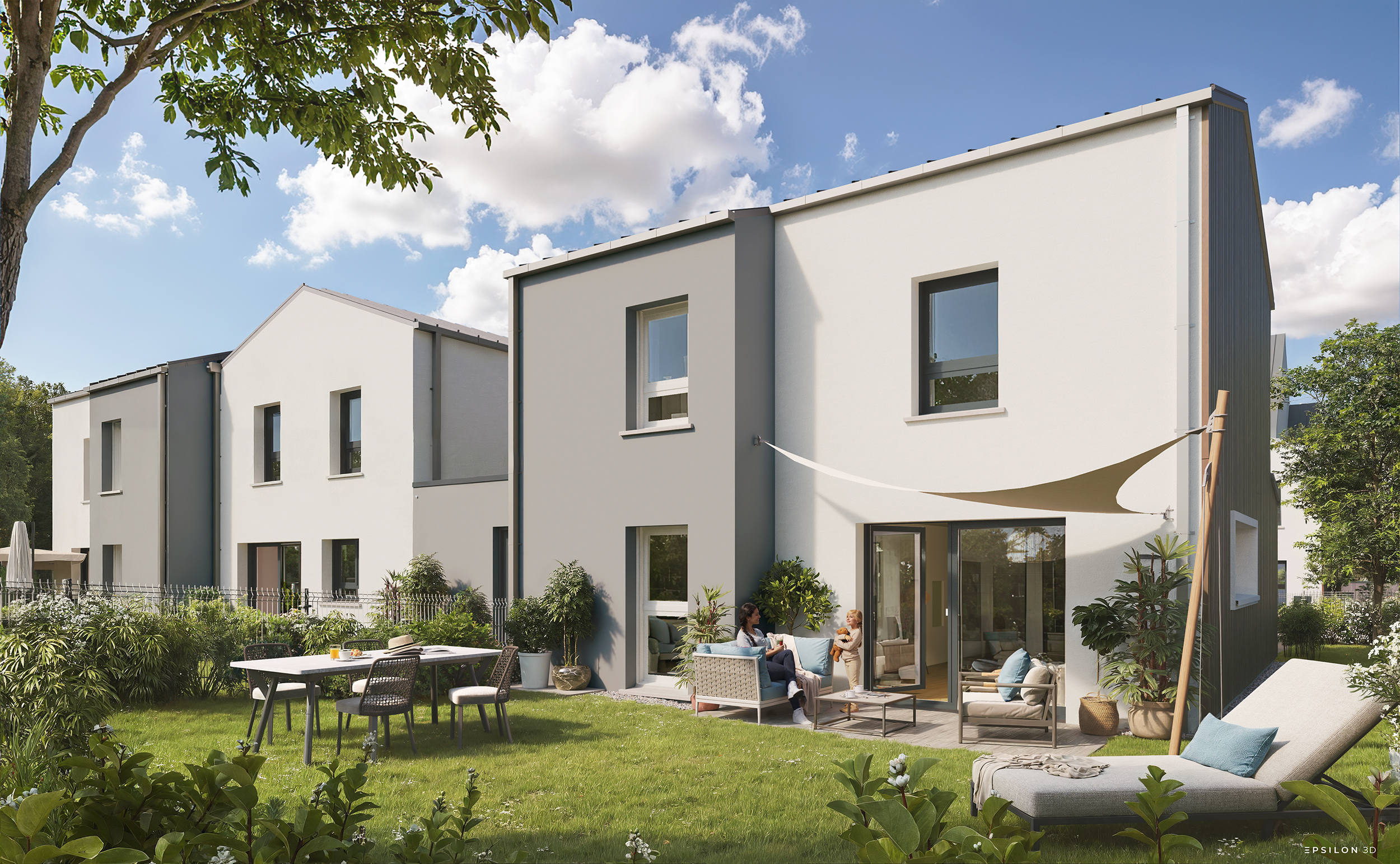 C'est un projet immobilier moderne et lumineux, mettant en avant un cadre de vie paisible et verdoyant. On y aperçoit des jardins privatifs.