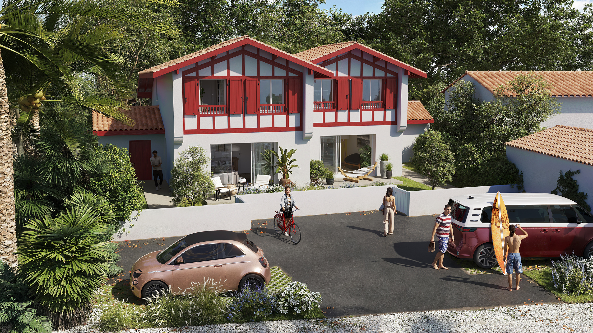 Un rendu architecturale 3D d'une résidence de style néo-basque. Elle dépeint d'une maison à deux niveaux avec des colombages et des volets rouges caractéristiques, ainsi qu'une toiture en tuiles canal. L'aménagement paysager est soigné avec des palmiers, des arbustes et des parterres de fleurs sauvages.