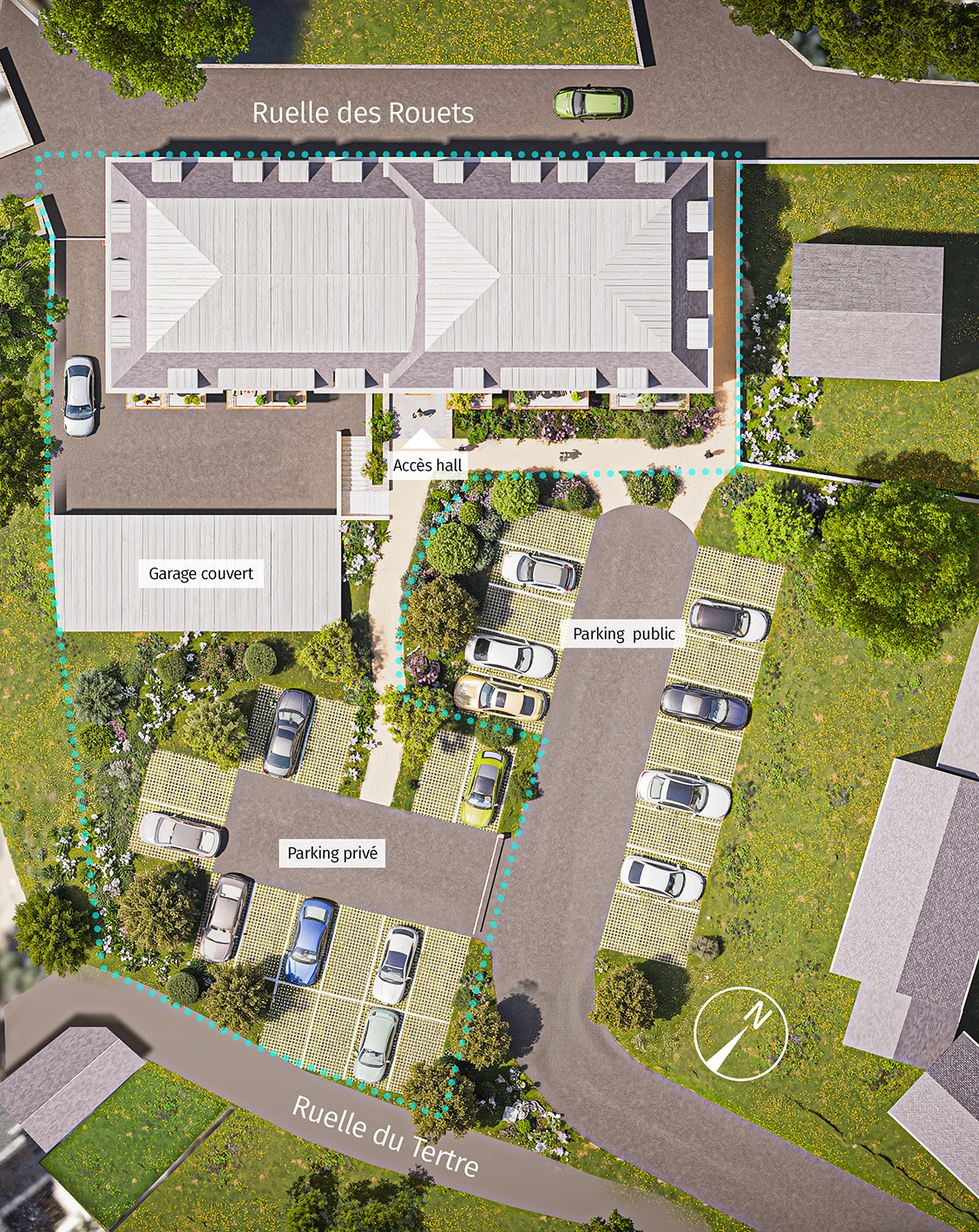 Ce plan masse en 3D offre une vue plongeante claire et didactique de l'organisation de la parcelle, délimitée par son tracé turquoise. Il met en évidence la répartition soignée des espaces entre le bâtiment, les cheminements piétons de l'accès hall et les zones de stationnement végétalisées (publiques et privées). Agrémenté d’indications textuelles et d’une boussole, ce visuel technique constitue un excellent outil de projection pour appréhender l'insertion paysagère globale du projet.