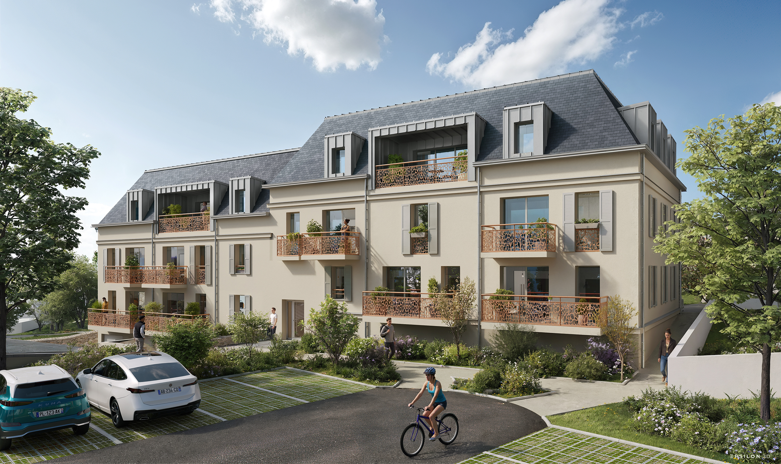 Le bâtiment, aux teintes chaudes et au toit en ardoise, s'intègre harmonieusement dans un environnement paysager verdoyant. Un chemin serpente devant l'immeuble, emprunté par une cycliste et plusieurs passants, créant une atmosphère conviviale et animée.