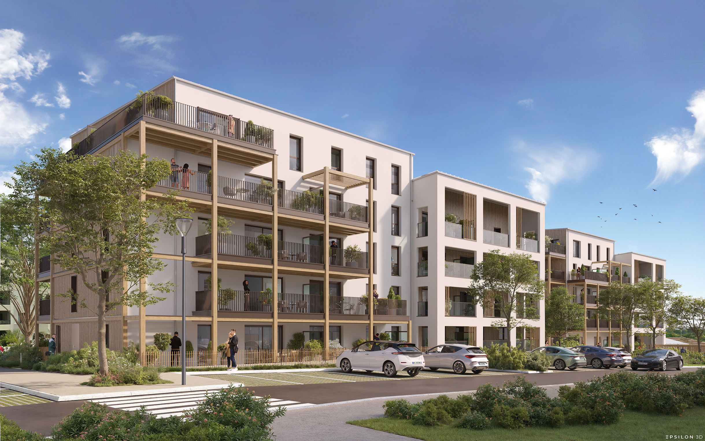 Illustration 3D de la façade moderne d'une résidence de standing signée Coop Habitat à Vezin. Le visuel met en avant une architecture contemporaine avec de larges balcons filants à structure bois, de grands appartements lumineux, des aménagements paysagers soignés en rez-de-chaussée et des places de parking extérieures végétalisées.