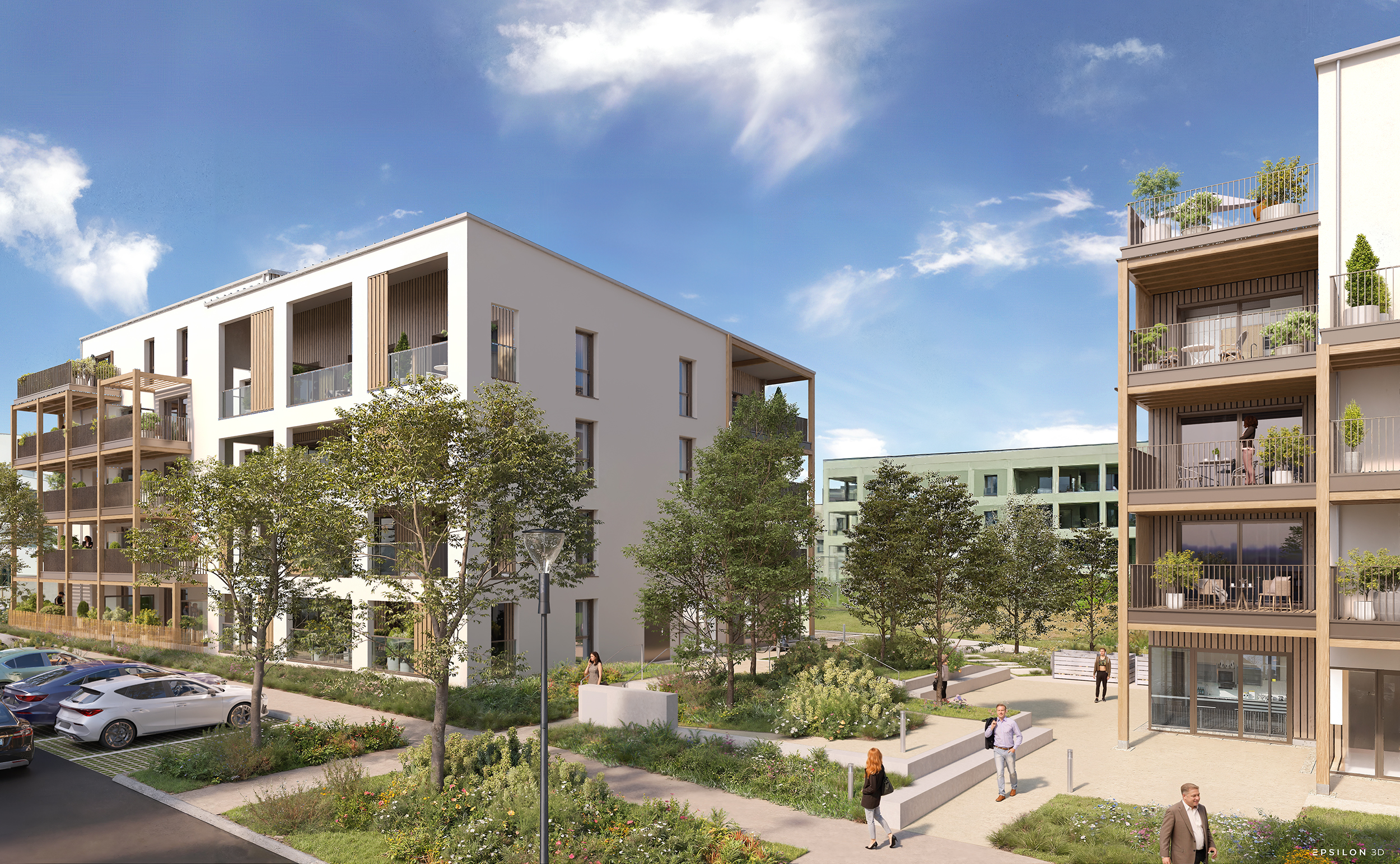 Vue d'architecte du cœur d'îlot paysager et des espaces piétons d'un programme immobilier neuf à Vezin par Coop Habitat. Cette perspective souligne la place centrale accordée à la nature et à la convivialité, avec des allées piétonnes, des arbres, des massifs fleuris, reliant des bâtiments résidentiels aux lignes architecturales épurées et durables.