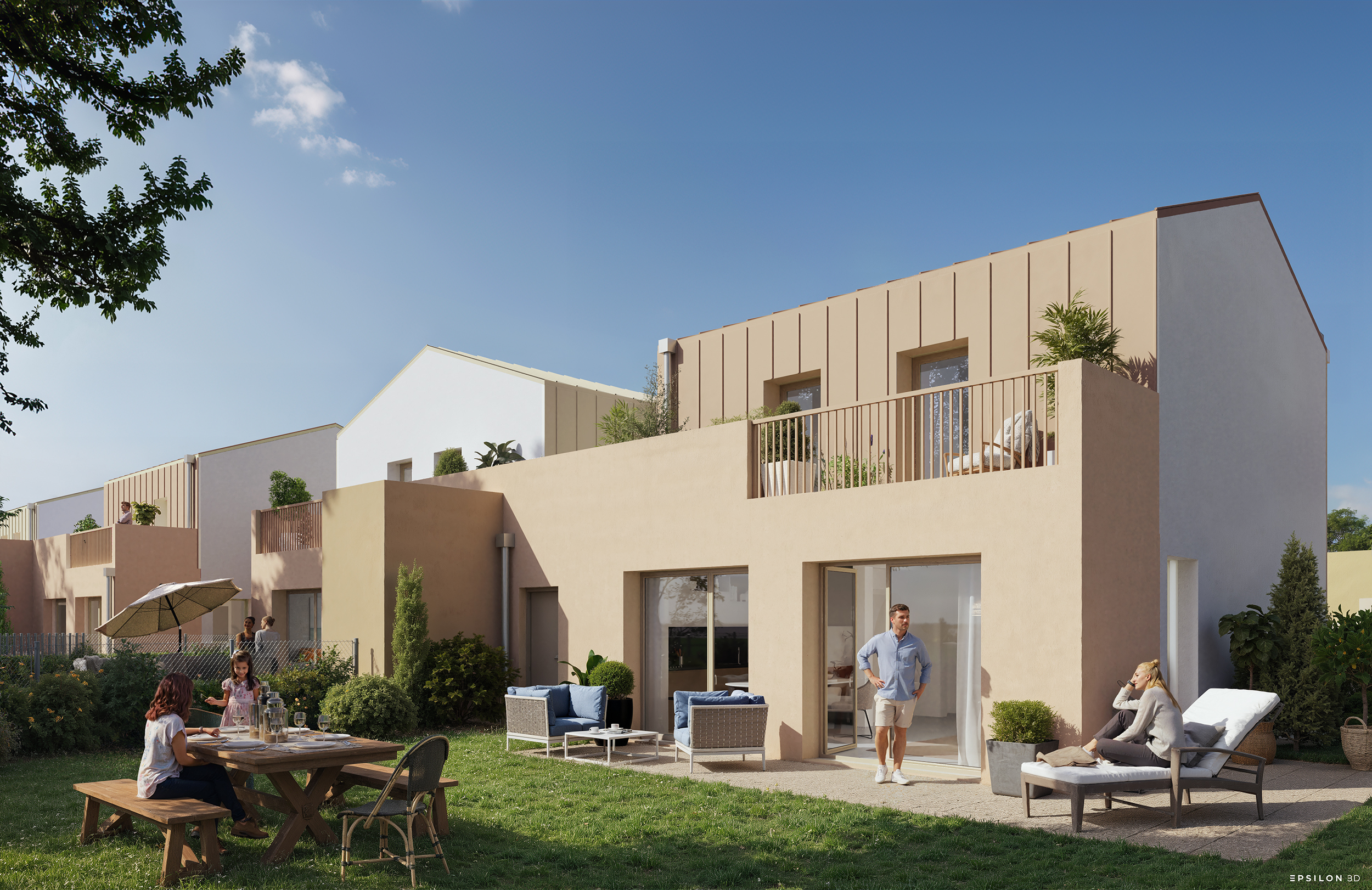 Visualisation 3D extérieure d’une résidence contemporaine aux tons ocre et beige, mettant en scène des maisons individuelles avec terrasses à l'étage et jardins privatifs arborés. Une ambiance conviviale et ensoleillée illustre la vie de quartier en extérieur.