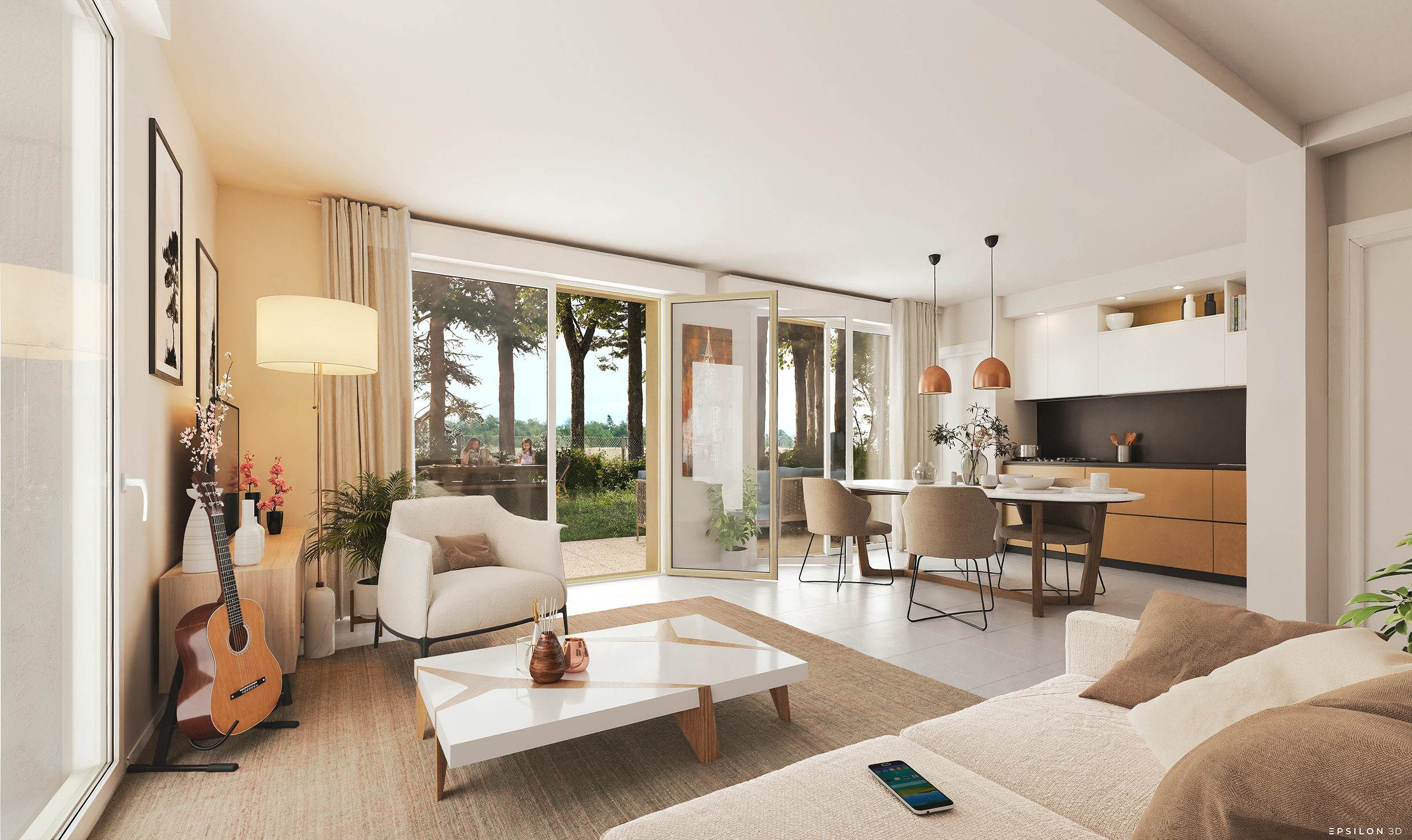 Perspective intérieure en 3D d'un grand espace de vie lumineux et traversant, comprenant un salon chaleureux et une cuisine ouverte avec salle à manger. Les larges baies vitrées s'ouvrent directement sur un jardin verdoyant.