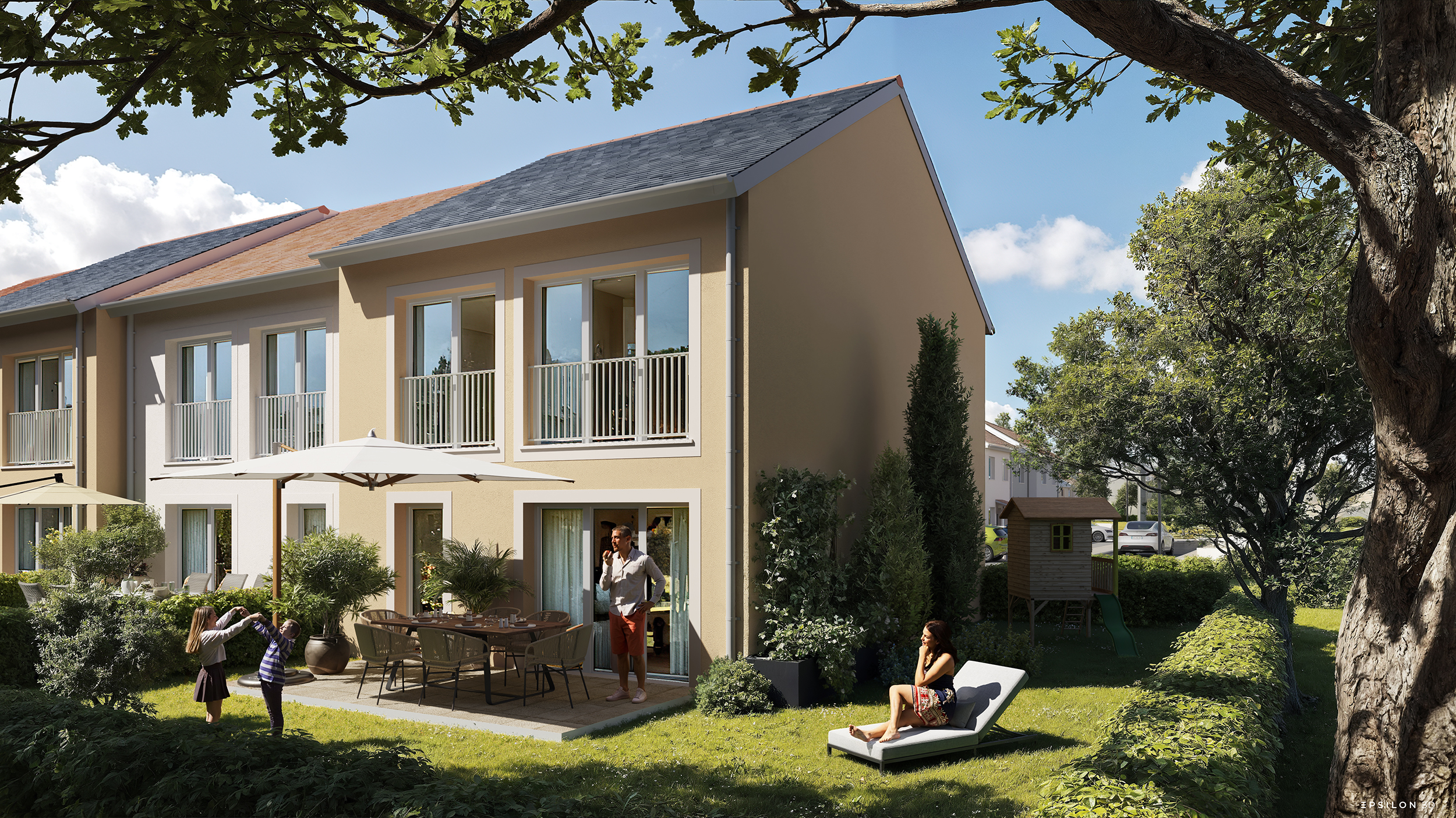 Cette perspective 3D extérieure met en scène la vie de famille dans le jardin privatif arboré d'une maison moderne, illustrant parfaitement la terrasse ensoleillée et l'aménagement paysager d'un nouveau projet immobilier.