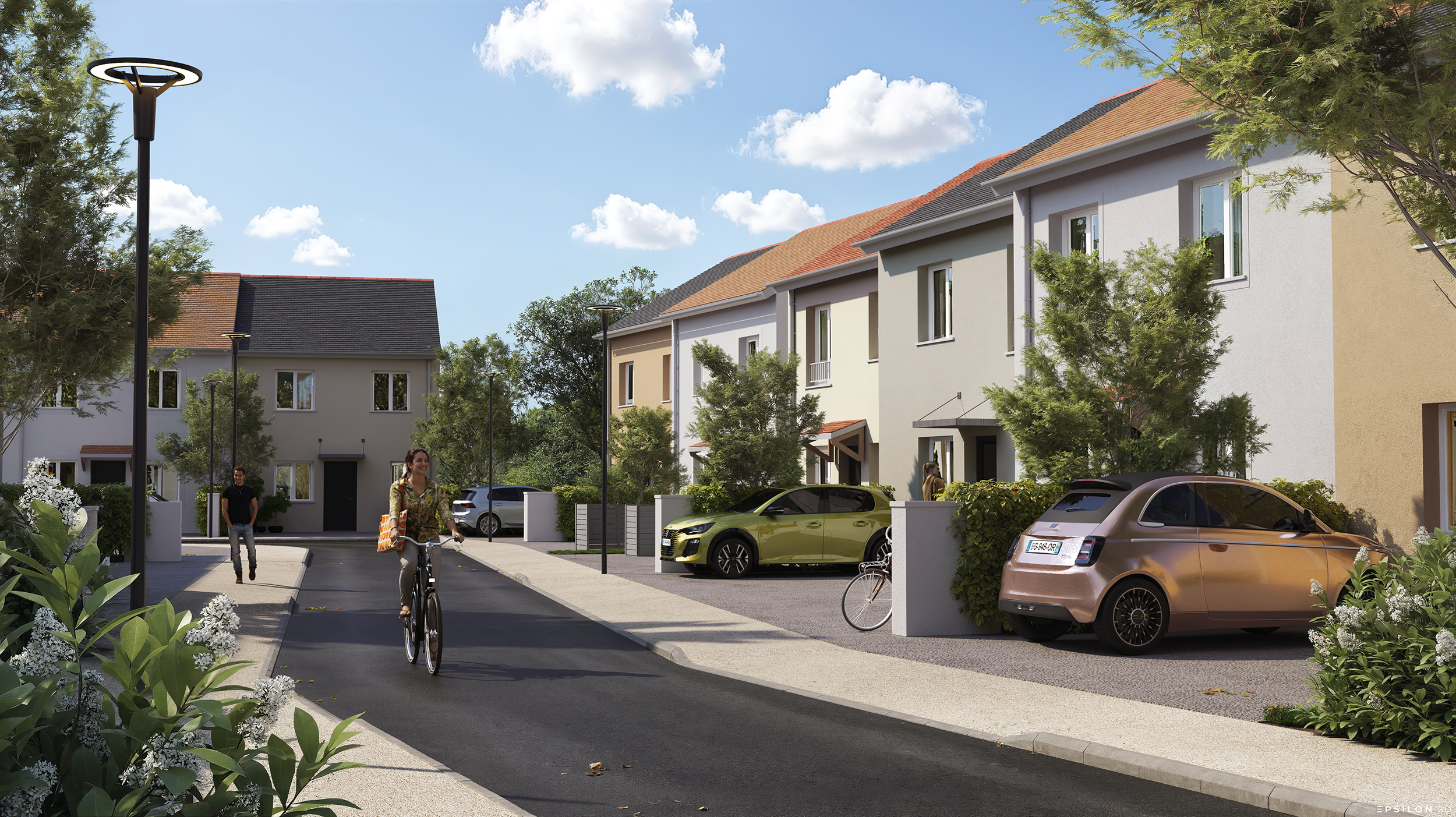 3D d'un lotissement résidentiel présente l'architecture extérieure de maisons individuelles alignées le long d'une rue paisible, mettant en avant un cadre de vie convivial et verdoyant avec une cycliste au premier plan.