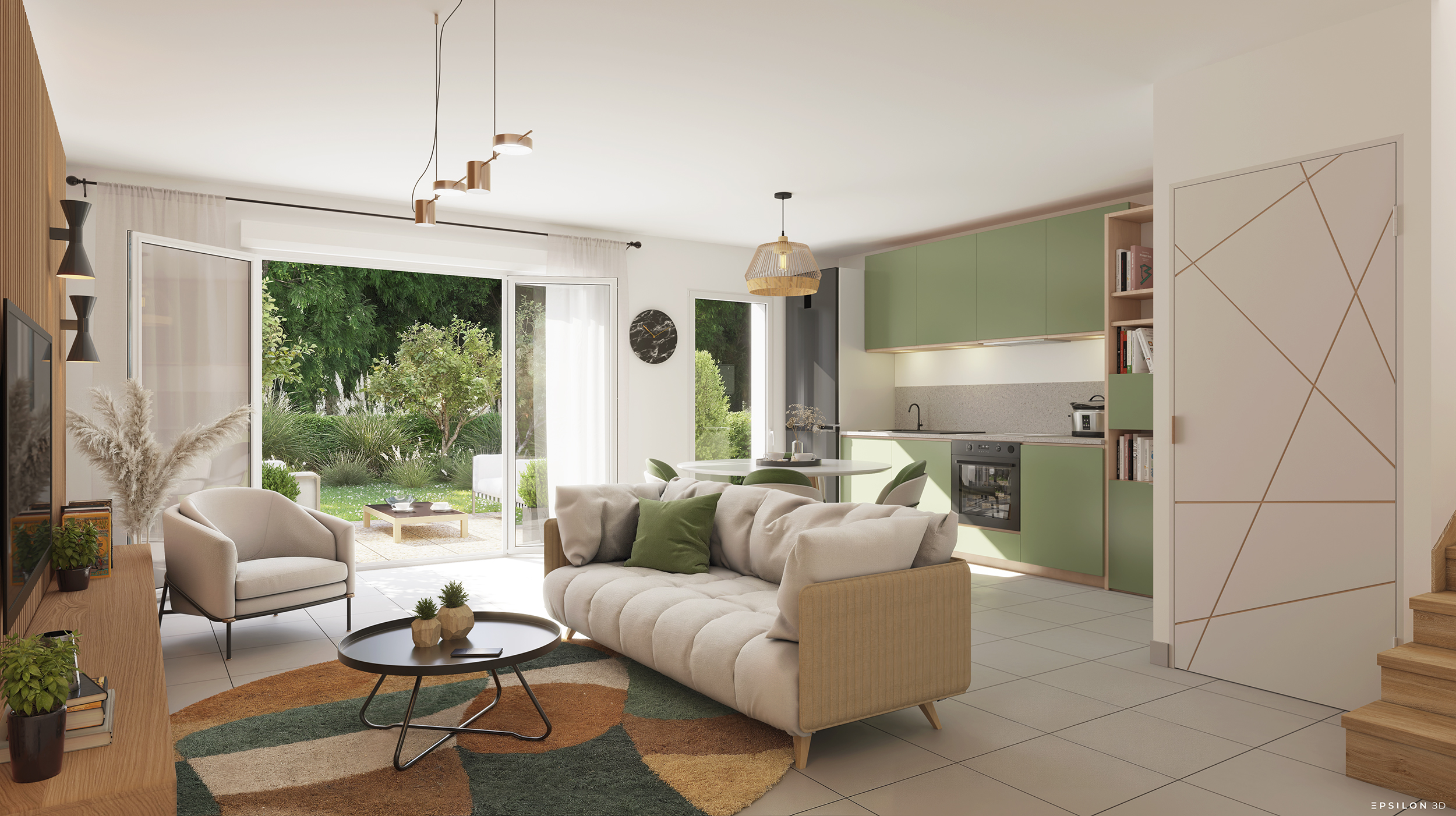 Ce visuel 3D intérieur met en valeur un grand espace de vie contemporain comprenant un salon élégant avec un canapé bleu et une cuisine intégrée assortie, s'ouvrant directement sur une terrasse ombragée par un parasol.