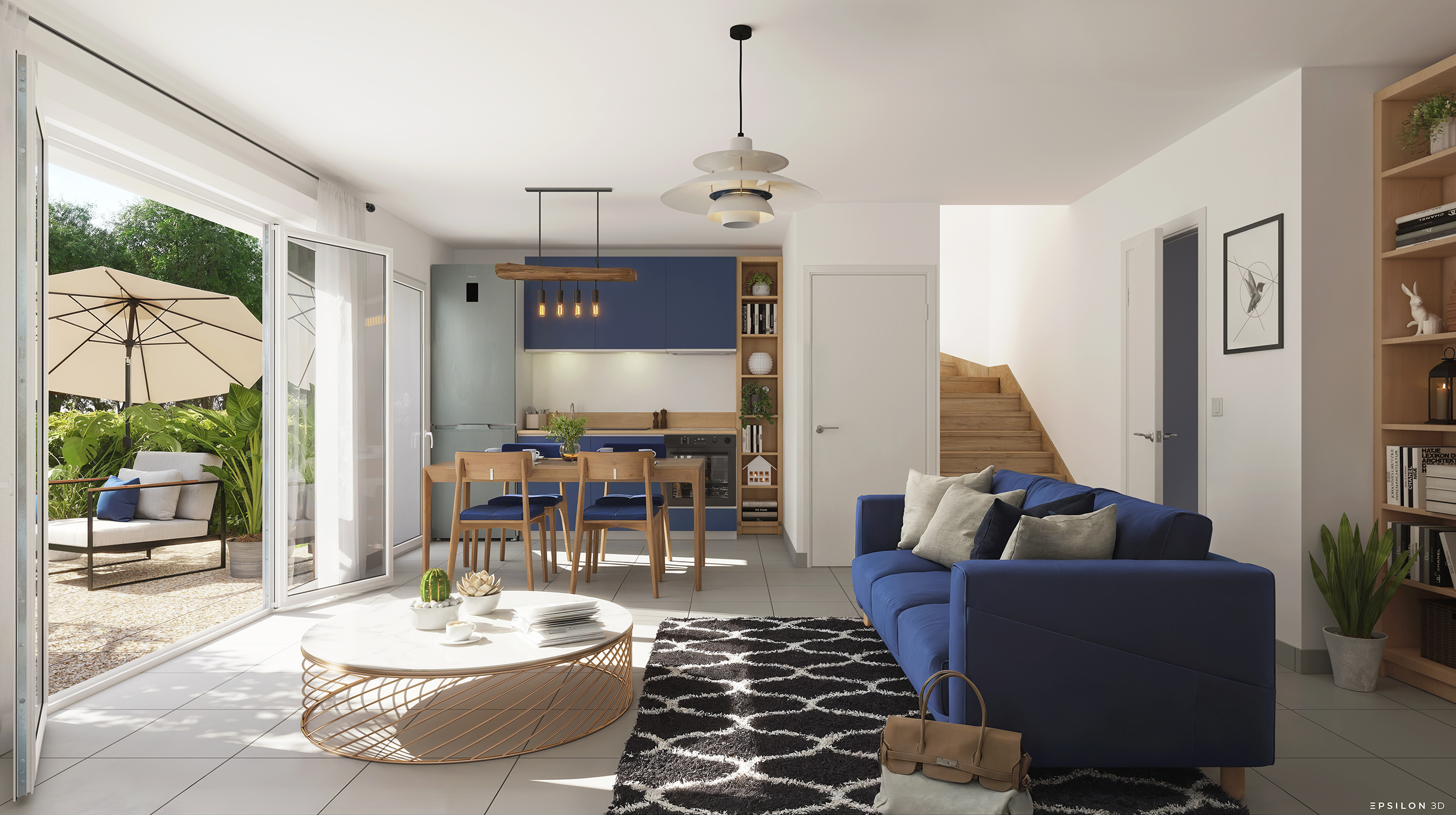 Une visualisation 3D d'un intérieur lumineux et chaleureux, dévoilant un salon moderne avec une cuisine ouverte aux tons vert sauge, largement ouvert sur l'extérieur grâce à une grande baie vitrée donnant sur le jardin.