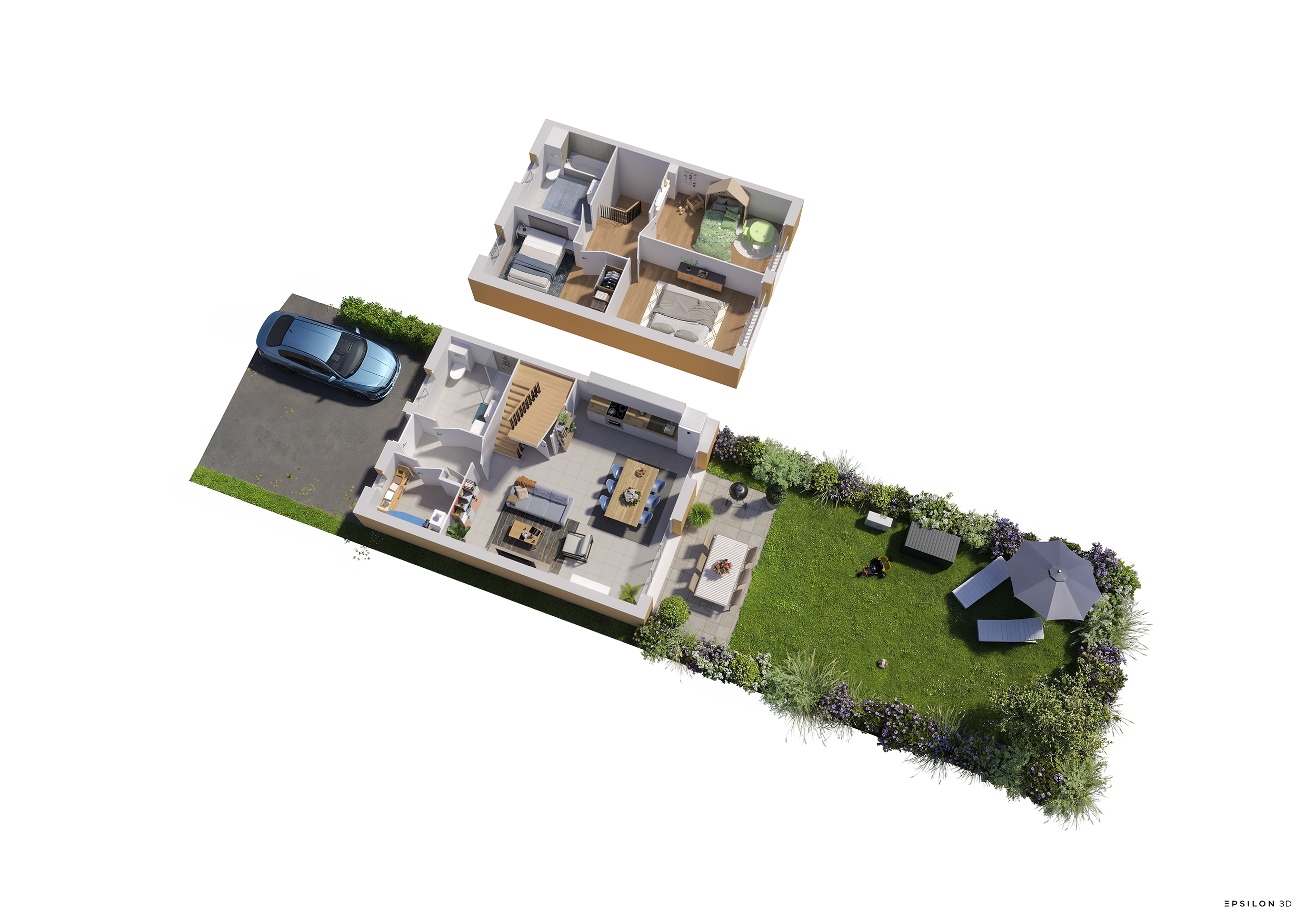 Un plan de vente 3D en axonométrie (vue écorchée) permettant de visualiser l'agencement intérieur des pièces sur deux niveaux, le parking privatif ainsi que la configuration du jardin d'une maison neuve.
