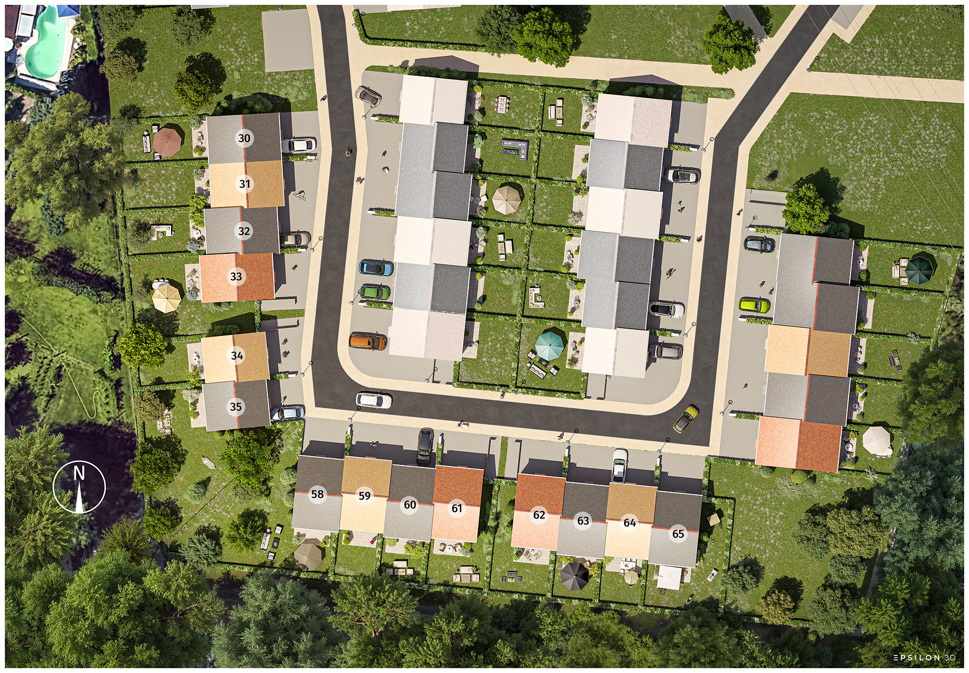 Ce plan masse 3D en vue de dessus offre une vue aérienne globale et détaillée du programme immobilier, illustrant l'implantation des différents lots numérotés, des jardins privatifs, des voiries et de l'aménagement paysager.
