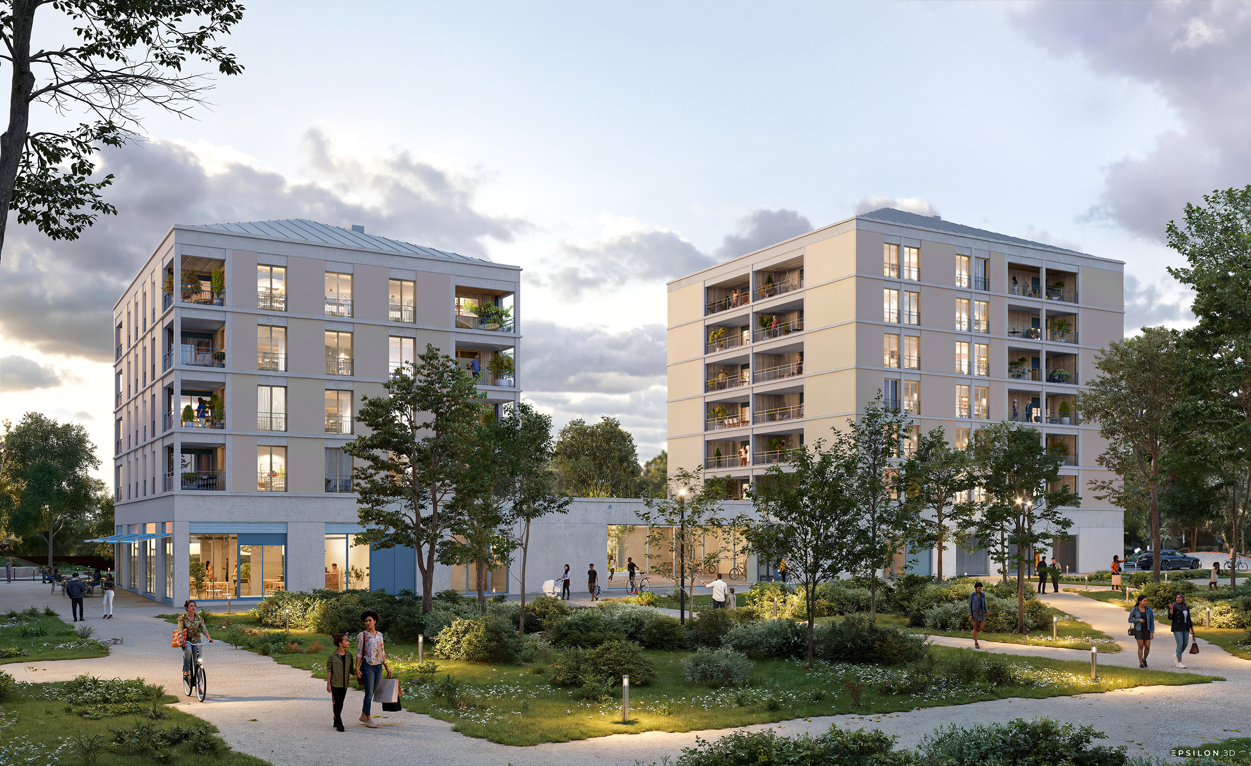 Perspective architecturale valorisant l'intégration des deux immeubles d'habitation au sein d’un parc arboré et piéton. L'image met l'accent sur la convivialité des espaces extérieurs, la luminosité des appartements et la transition douce entre nature et habitat.